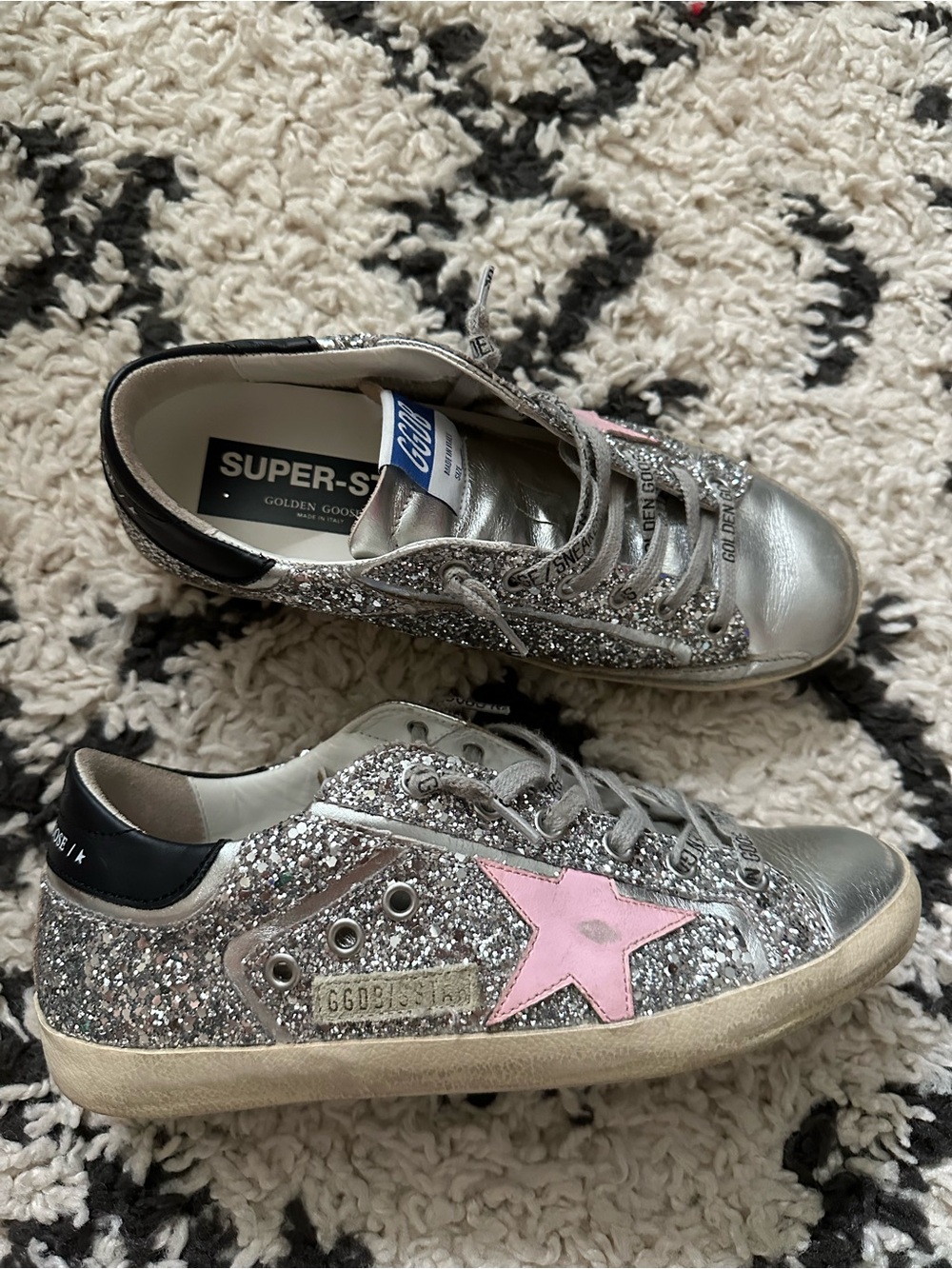 Golden Goose Silver Glitter Super-Star Sneakers with Pink Star